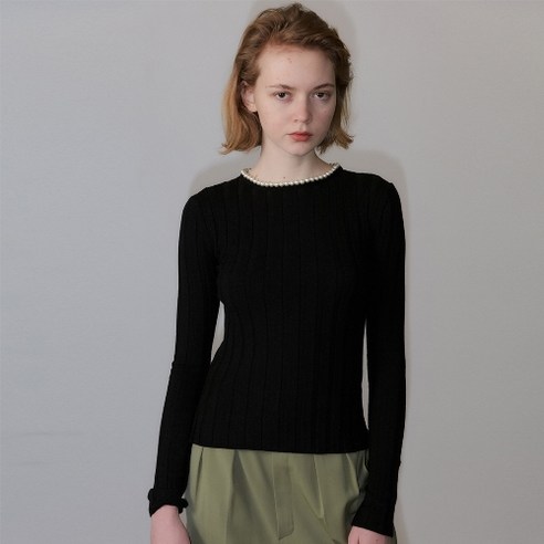 해프닝 여성용 PEARL ROUND NECK RIB KNIT PULLOVER
