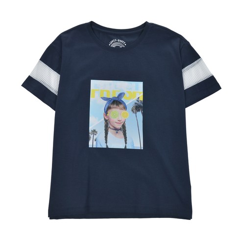 아동용 소매배색 소녀사진 티셔츠, 다크네이비