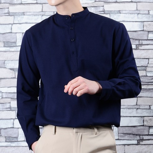 타운클로 남성용 헨리넥 옥스포드 셔츠, 네이비