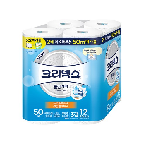 크리넥스 3겹 클린케어 메가롤 화장지 50m, 12롤, 1팩