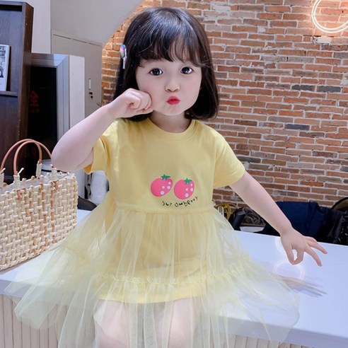 여아용 반팔 딸기 망사 원피스