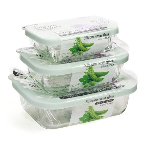 레벤쿠첸 실리콘 오븐 글라스 밀폐용기 직사각 3종 세트, 1세트, 직사각 180ml + 370ml + 630ml