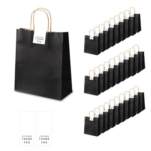 인디고 크라 쇼핑백 30p + 땡큐 직사각 라벨 30p 세트, 쇼핑백(블랙), 라벨(화이트)