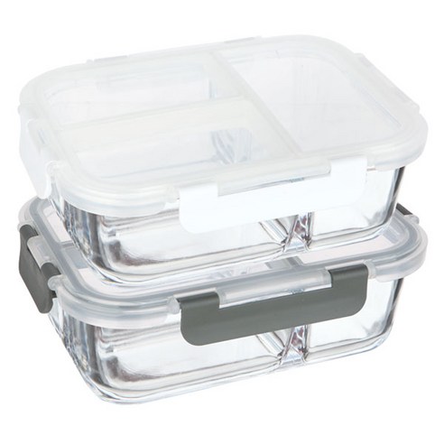 니코트 냉장냉동 글라스 3칸 나눔찬통 2p 세트 1500ml, 1세트, 찬통 그레이 + 화이트