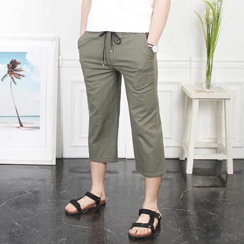 더마인드 남성용 BJ 린넨 와이드 8부 마약 스판 마바지