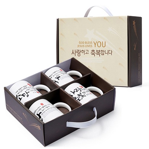 동방박사 캘리 머그컵 랜덤발송 4p + 선물박스 세트, 1세트, 혼합색상