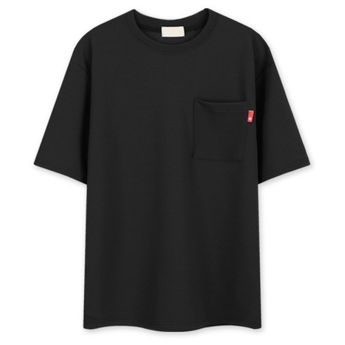 레이먼 남성용 엠보 터치 포켓 루즈핏 라운드 반팔 티셔츠, 블랙