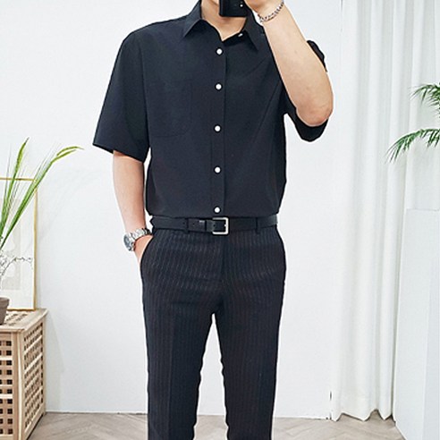 더클래식 남성용 오버핏 스판 링클프리 여름 반팔 셔츠
