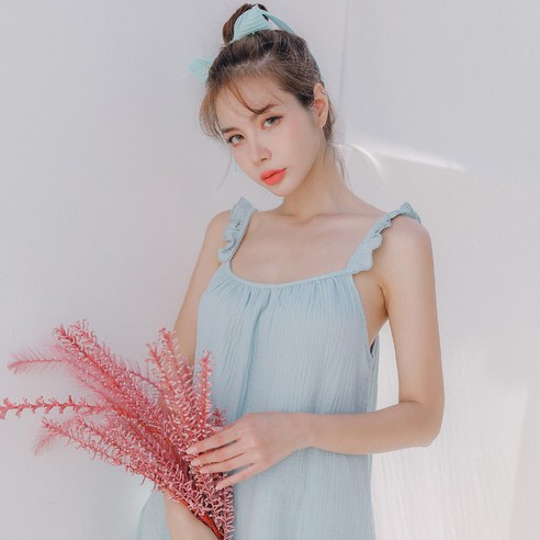 여성용 순면 모닝 요루면 프릴슬립 홈웨어 원피스형 잠옷