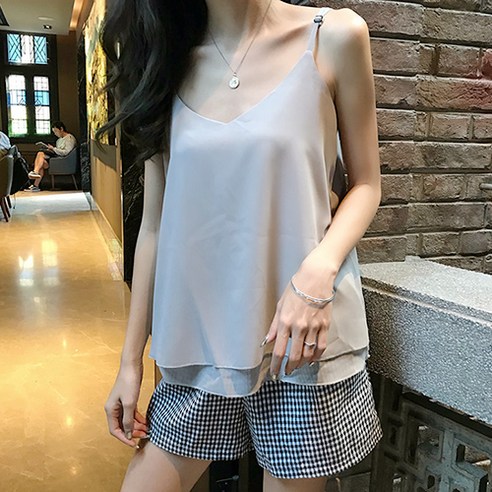 레몬소울 여성용 도크 브이넥 레이어드 프릴 밑단 민소매