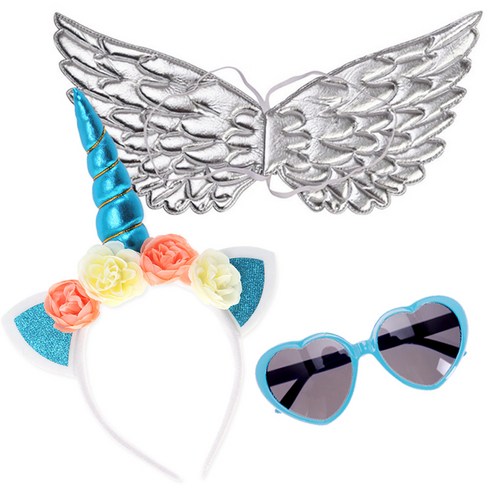 리빙다 스펀지 천사 날개 + 유니콘 머리띠 + 하트 모양 안경, 블루, 1세트