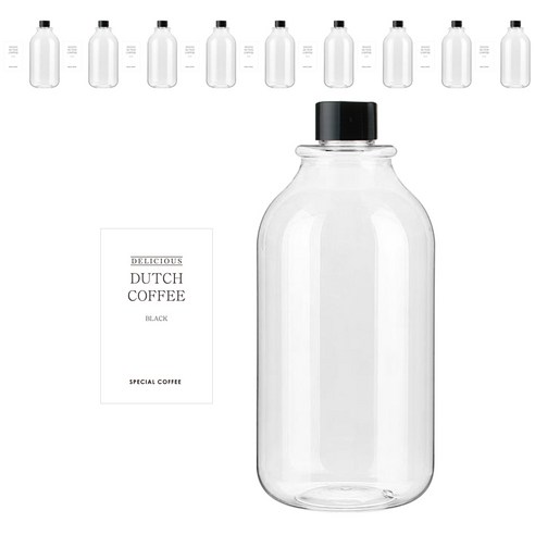 검정캡 투명 페트병 ARB1000 + 병라벨 스티커 심플영문더치커피L 세트, 1000ml, 10세트