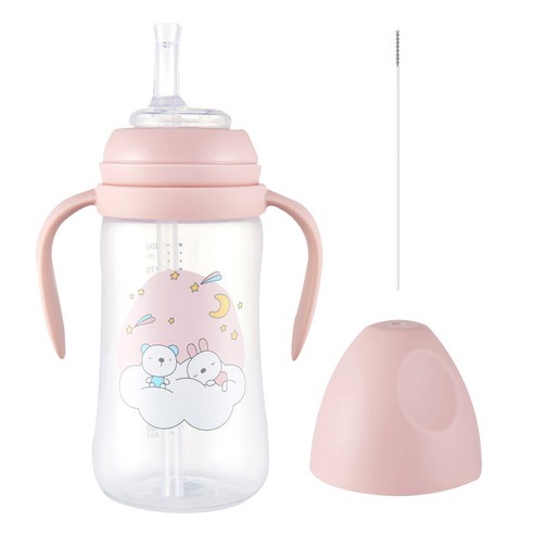 순수아 빨대컵 빨대형 300ml + 빨대꼭지 + 빨대솔, 핑크, 1세트