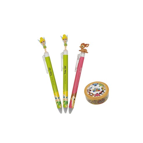 디즈니 팅커벨 밤비 마스코트 볼펜 흑색 0.5mm 3p세트 + 마스킹테이프 A세트, 팅커벨, 밤비(볼펜), 랜덤발송(테이프), 1세트
