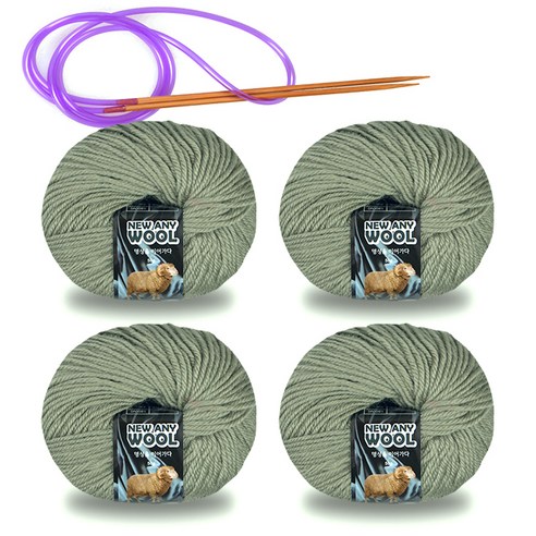 미소털실 뉴 애니 울 털실 50g x 4p + 줄바늘 세트, 1세트, 6027라이트올리브그린