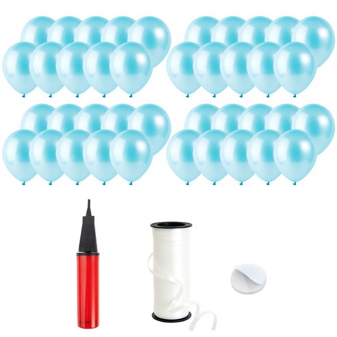 로켓풍선 30cm 200p + 손펌프 + 양면테이프 200p + 컬링리본 5mm x 90m, 펄 아주르, 1세트