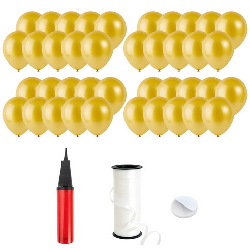 로켓풍선 30cm 200p + 손펌프 + 양면테이프 200p + 컬링리본 5mm x 90m, 펄 골드, 1세트