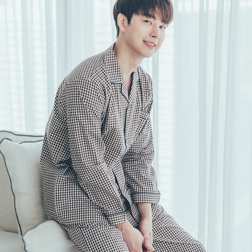 도씨 남성용 순면 긴팔 잠옷 카라 상하세트