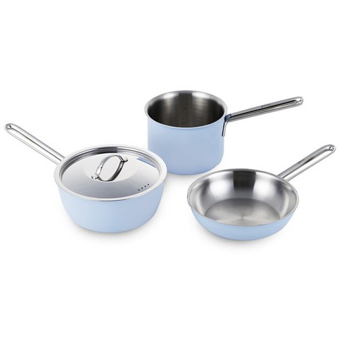 에델코첸 통3중 베이비 냄비프라이팬 세트, 에델블루, 편수 14cm + 18cm + 프라이팬 18cm
