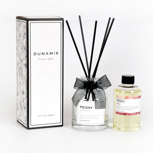 뒤나미스 모던 디퓨저 용액 200ml + 유리용기 + 섬유스틱 5p + 포장상자 세트, 피오니
