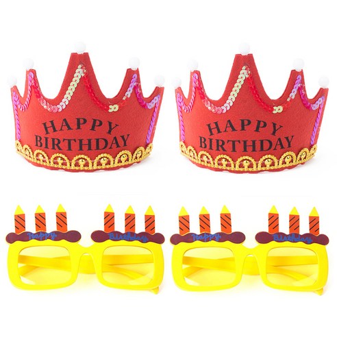 파티팡 LED 생일 왕관 레드 2p + 생일 촛불 안경 2p 세트, 옐로우, 1세트