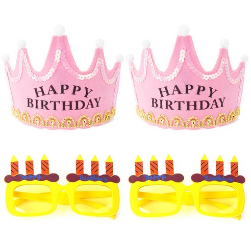 파티팡 LED 생일 왕관 핑크 2p + 생일 촛불 안경 2p 세트, 옐로우, 1세트