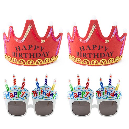 파티팡 LED 생일 왕관 레드 2p + 생일 컵케익 안경 2p 세트, 화이트, 1세트