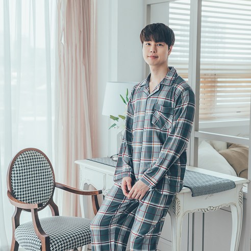 남성용 웨스턴그레이 피치기모 긴팔 카라 잠옷 상하의 세트