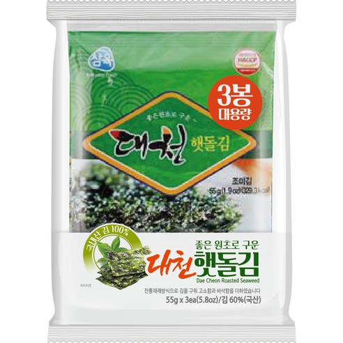 삼육김 대천 햇돌 전장김, 55g, 3개
