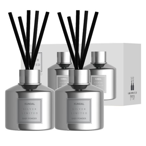 쿤달 실버 리미티드 에디션 퍼퓸 디퓨저 200ml x 2p + 섬유스틱 10p 세트, 베이비파우더향