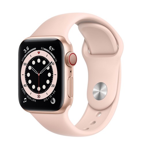 Apple 2020년 애플워치 6 GPS + 셀룰러 40mm 레귤러, 40mm, GPS + Cellular, 골드 알루미늄 케이스, 핑크 샌드 스포츠 밴드