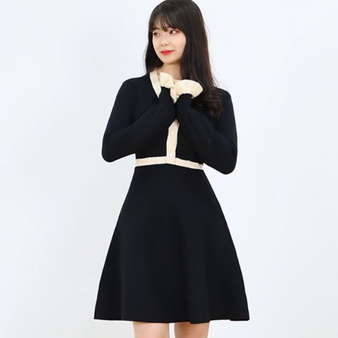 페이퍼먼츠 버튼 브이넥 배색 라인 소매 프릴 플레어 원피스 12945