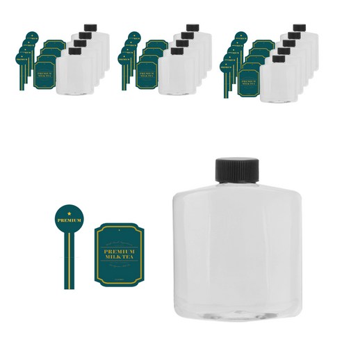 와이드 납작 페트 용기 250ml + 검정캡 + 로얄 밀크티 그린 스티커 S 세트, 14세트