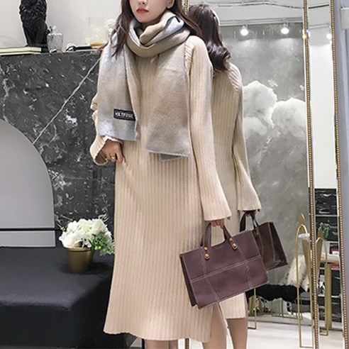 디어로라 여성용 소프트 골지 트임 롱 원피스