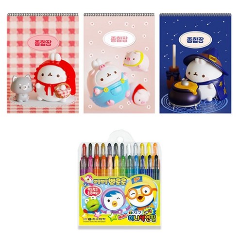 몰랑이 두툼 종합장 랜덤발송 3p + 지구화학 뽀로로 미니 24색 색연필, 혼합색상, 1세트