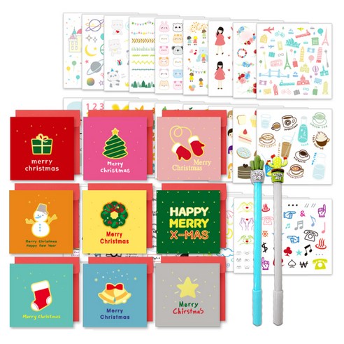 투영디자인 반짝반짝 X MAS 카드 9종 + 선인장 젤펜 랜덤발송 2p + 인스 스티커 28종 세트, 혼합색상, 1세트
