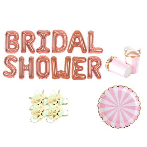 브라이덜샤워 소품 패키지 BRIDAL SHOWER 풍선 로즈 + 꽃팔찌 미니로즈 피치 4p + 테이블웨어 핑크, 혼합색상, 1세트