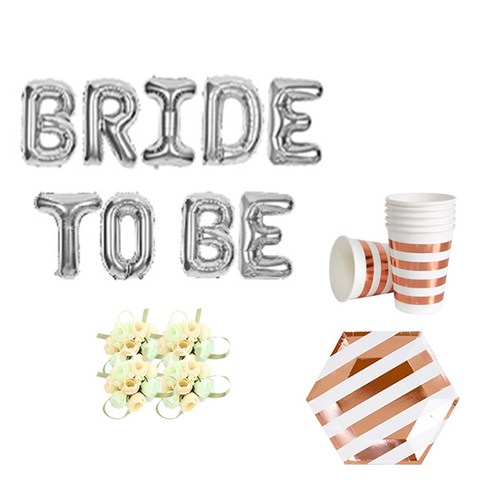 브라이덜샤워 소품 패키지 BRIDE TO BE 풍선 실버 + 꽃팔찌 미니로즈 피치 4p + 테이블웨어 로즈골드, 혼합색상, 1세트