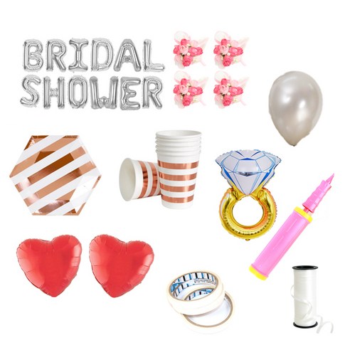 브라이덜샤워 레터링 풍선 BRIDAL SHOWER 35cm 소품 + 테이블웨어 패키지, 실버(레터링 풍선, 펄 풍선 세트), 핑크(꽃팔찌), 로즈골드(테이블웨어), 1세트