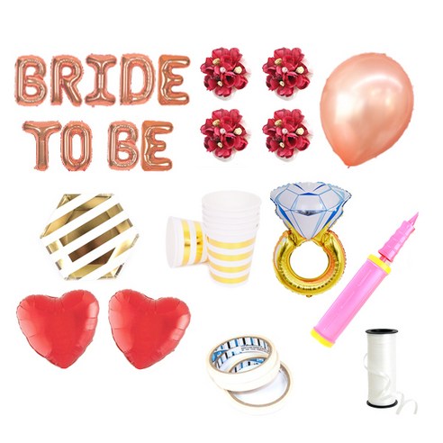 브라이덜샤워 레터링 풍선 BRIDE TO BE 35cm 소품 + 테이블웨어 패키지, 로즈(레터링 풍선, 펄 풍선 세트), 진핑크(꽃팔찌), 마블(테이블웨어), 1세트