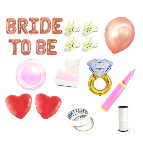 브라이덜샤워 레터링 풍선 BRIDE TO BE 35cm 소품 + 테이블웨어 패키지, 로즈(레터링 풍선, 펄 풍선 세트), 피치(꽃팔찌), 홀로그램(테이블웨어), 1세트