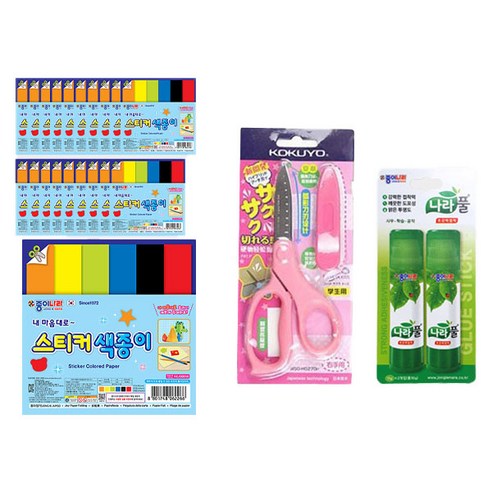 종이나라 1500 스티커 색종이 20p + 고쿠요 SAXA 플라이 캡 가위 핑크 + 나라풀 15g x 2p 세트, 1세트, 6색