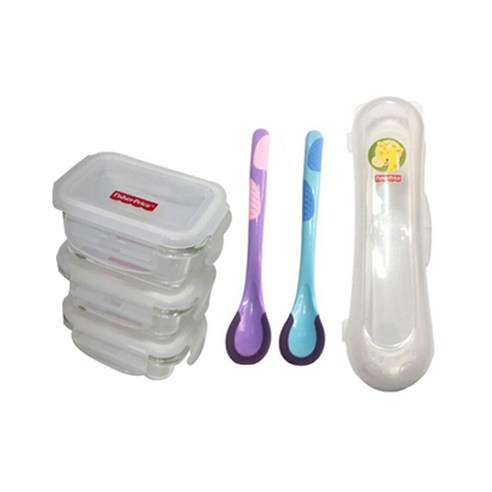 피셔프라이스 온도감지 이유스푼 2p + 스푼 케이스 + 유리 밀폐 이유식 용기 3p, 혼합색상, 1세트