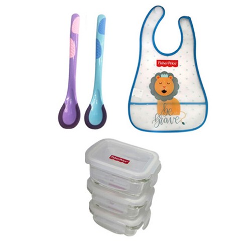 피셔프라이스 온도감지 이유스푼 2p + 유리 밀폐 이유식 용기 3p + 이유식 동물 턱받이, 하트코끼리(턱받이), 1세트