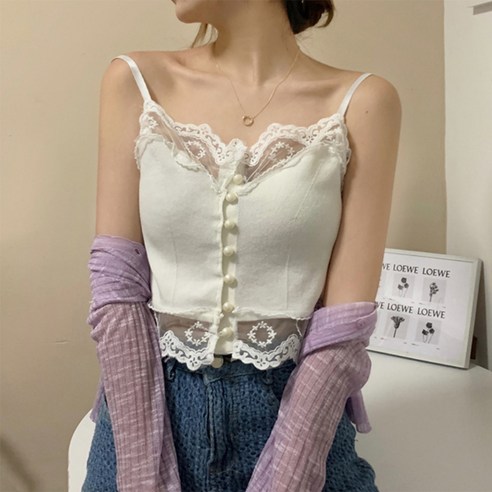 비비에모 여성용 레이스 시스루 슬림핏 미니 끈나시 00117