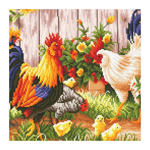 디클레어 액자형 보석십자수 DIY 키트 캔버스형 40 x 50 cm, 수탉 가족, 1세트