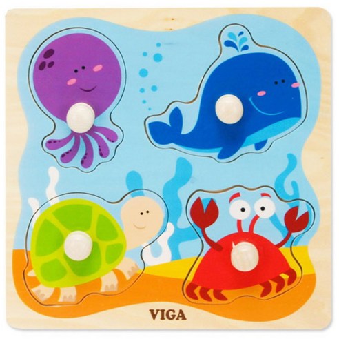 VIGA 베베 해양동물 유아 원목 꼭지 퍼즐, 1개, 4피스