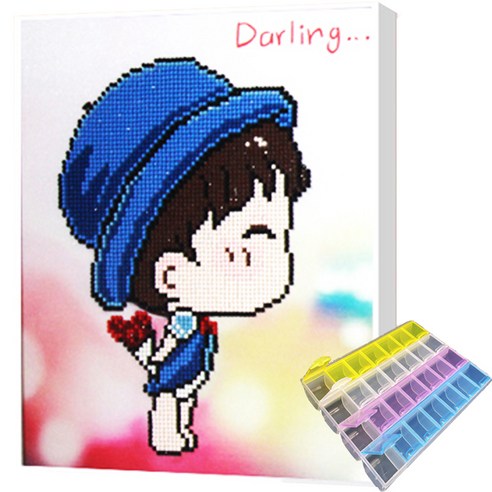 아동용 캔버스형 보석십자수 DIY 세트 25 x 30 cm + 28구 비즈함, 러브소년, 1세트