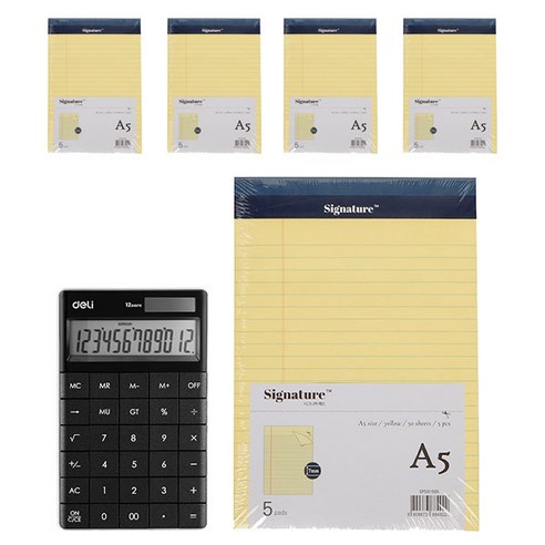 델리 비비드 칼라 계산기 블랙 1589 + 리갈패드 A5 5p 세트, 옐로우, 1세트