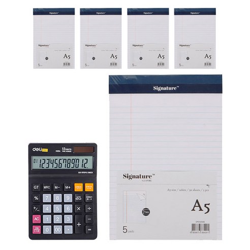 델리 와이드 사무용 계산기 블랙 01420 + 리갈패드 A5 5p 세트, 화이트, 1세트